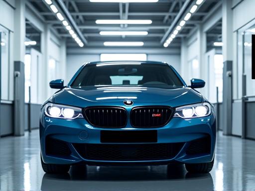 A finished car under bright, specialized inspection lights in a clean workshop.